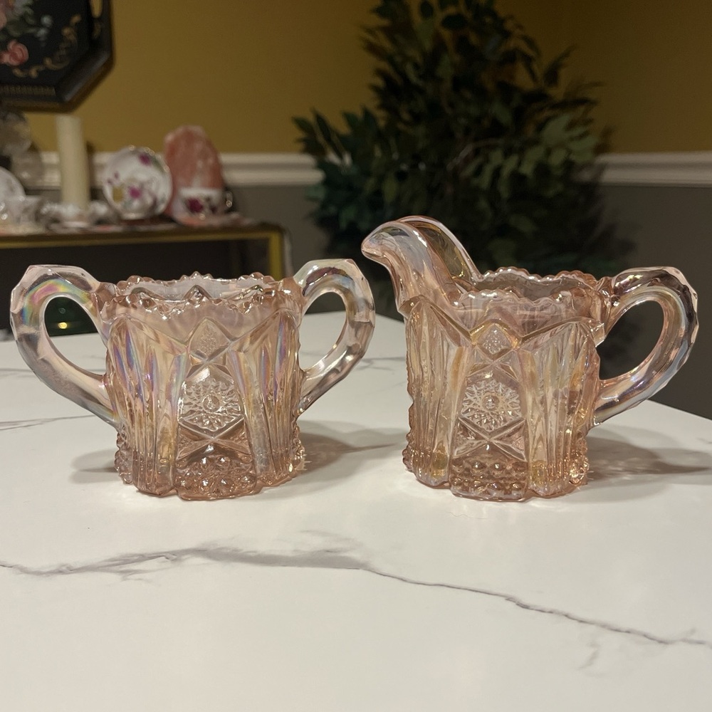 Indiana Glass Pink Iridescent Carnival Glass Creamer & Sugar Bowl Set Vintage